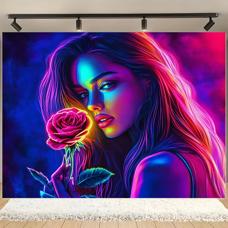 Neon Girl Tapestry, Cyberpunk Rose Wall Hanging, Trippy Glow Art Dorm Decor, Colorful Bedroom Blanket for Girls Room