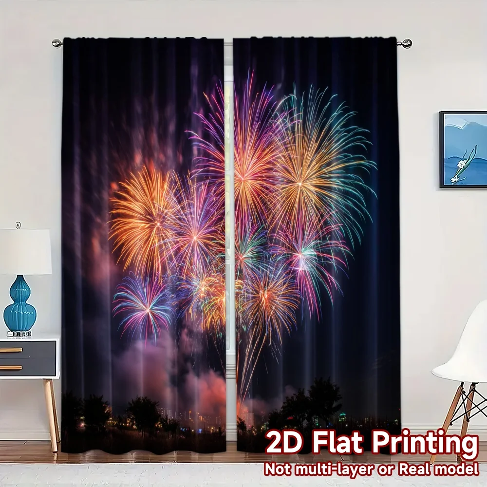 2pcs, 2D FLAT PRINTING Curtains (Without Rod) Firework Bloom Popular Contemporary Curtains 100% Polyester Curtains Gifts