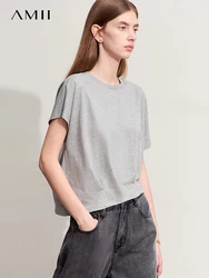 Amii Minimalism 2024 Summer Women T-shirts New O-Neck Asymmetric Sleeve Cotton Loose Diagonal Hem Stretchy Trendy Tops 12452061