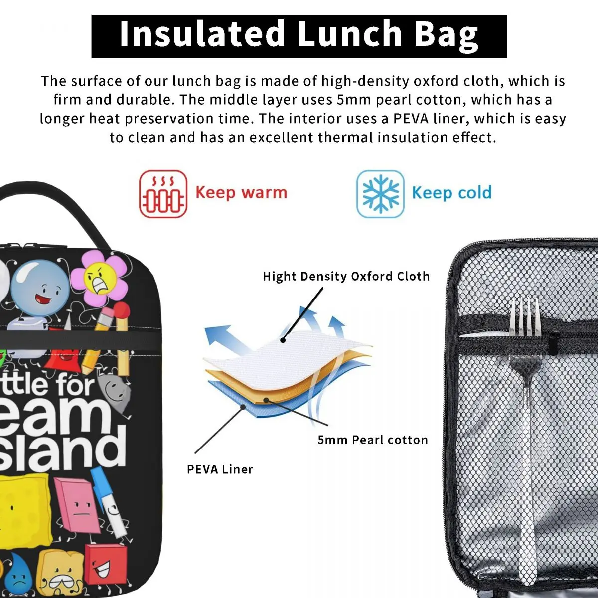 BFDI Poster Insulated Lunch Bag for Women Children Portable Food Boxes Thermal Lunch Box Tote