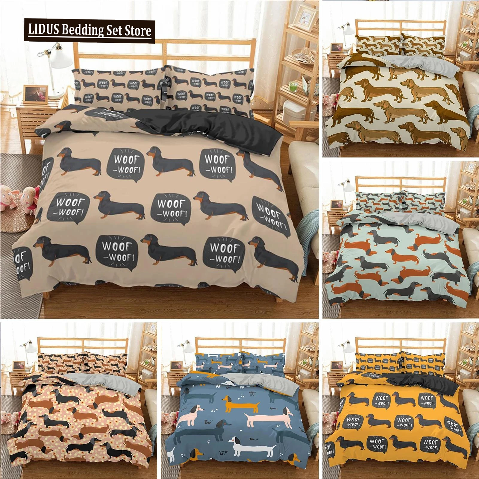 

Cartoon Dachshund Bedding Set Cute Sausage Dog Duvet Cover Set Pet Puppy Printed Comforter Cover Animal Polyester Quilt Cover