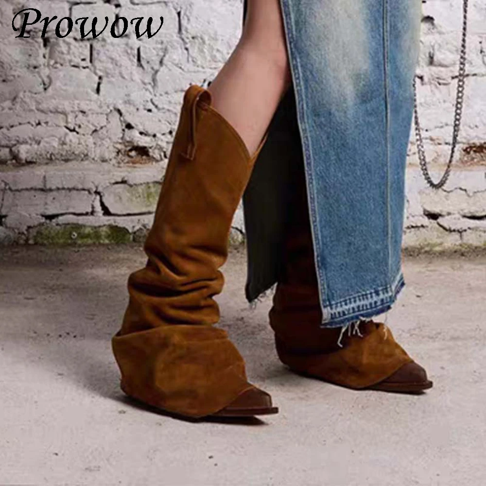 

Винтажные плиссированные новые сапоги до колена на толстом каблуке с острым носком, женская обувь Zapatos Mujer