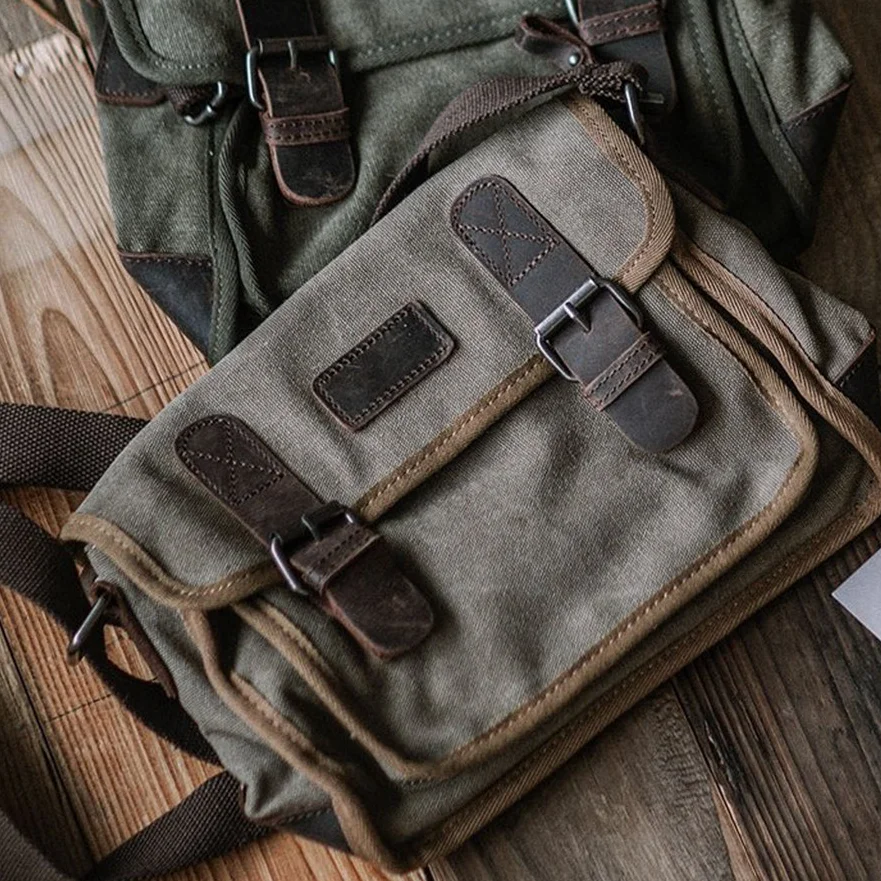 Vintage Heavyweight Canvas Messenger Bag for Men Top Layer Leather Spliced Crossbody Bag Casual Snap Closure Shoulder Satchel