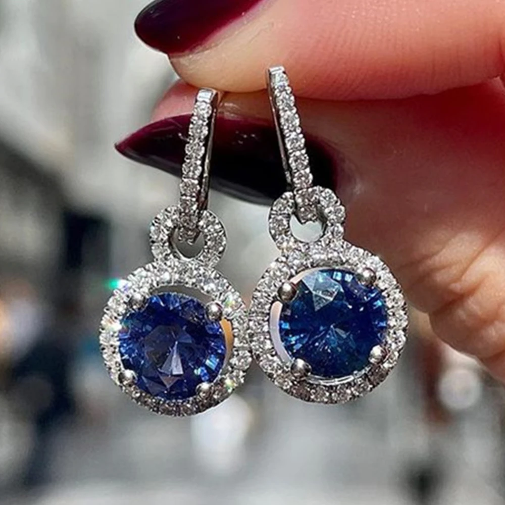 Huitan Fashion Round Blue CZ Dangle Earrings for Women Luxury Inlaid Dazzling White Cubic Zirconia Silver Color Lady Ear Jewelry