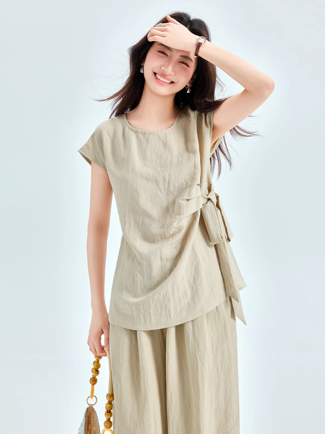 Linen Fashion Set Women's Summer 2026 New Popular Beautiful Complete Matching Thin High Waist Pants round Neck Shirt Breathable