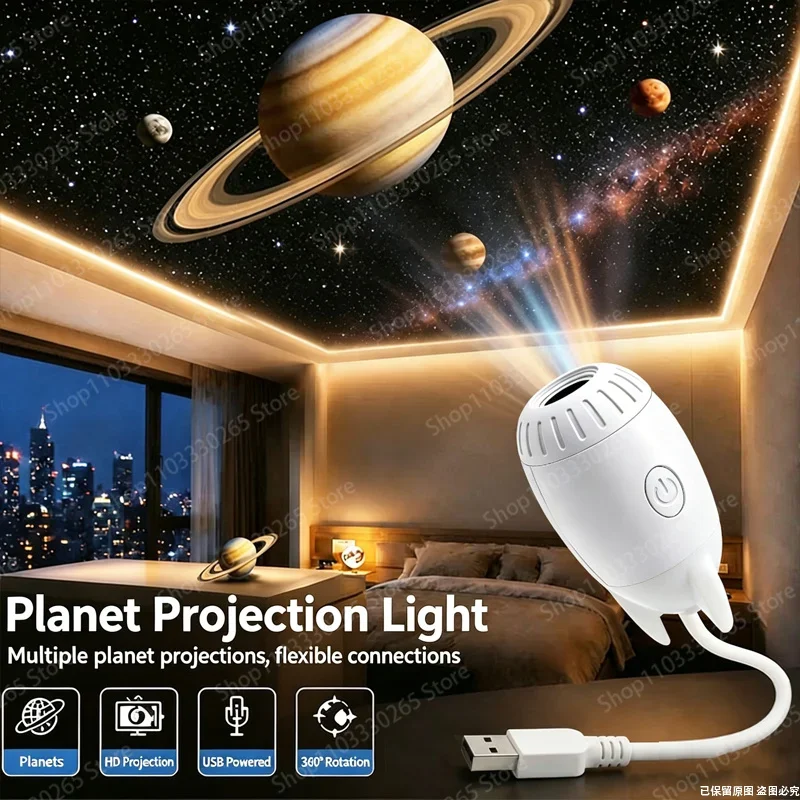 Rocket Shape USB Star Galaxy Projector 360 Rotatable HD Night Light For Car Interior Bedroom Ceiling Home Party Decor