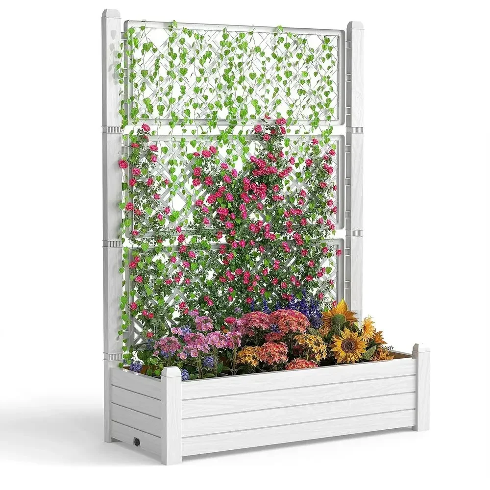 Raised Garden Bed with Trellis, Outdoor Planter Box for Herbs, Drainage and Water Gauge, Durable Resin for Patio, Balcony, Yard,
