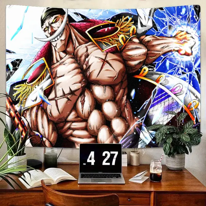 

1 шт., мышечный персонаж аниме-воина без рубашки с усами, черная бандана, красное золото, военный наряд, гобелен, динамический синий, белый