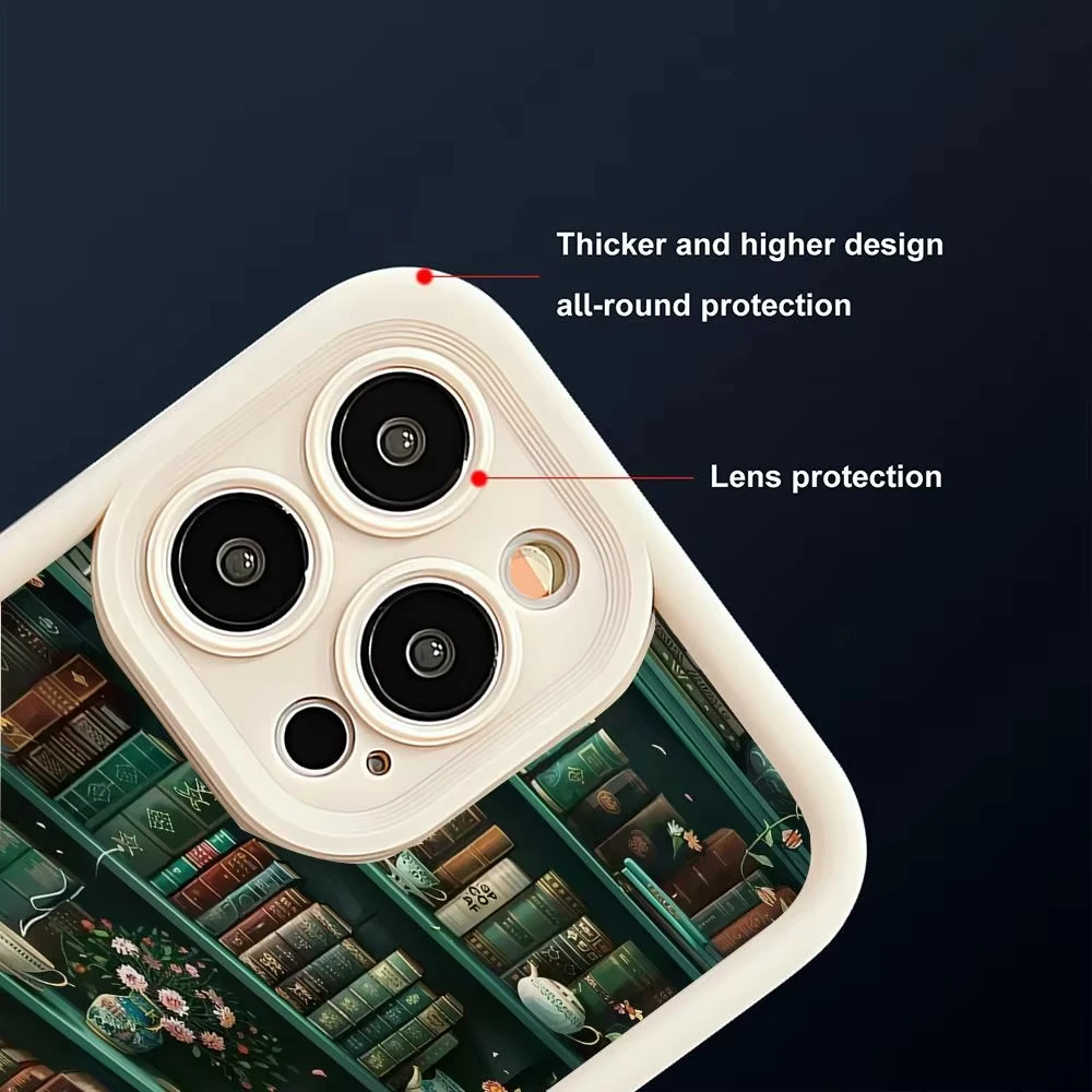 حافظة هاتف مناسبة بنمط رف الكتب الأخضر لهاتف آيفون 17 برو ماكس 16E 15 Pro 14 13 12 11 Mini AIR XS XR XS 8Plus مضادة للسقوط و