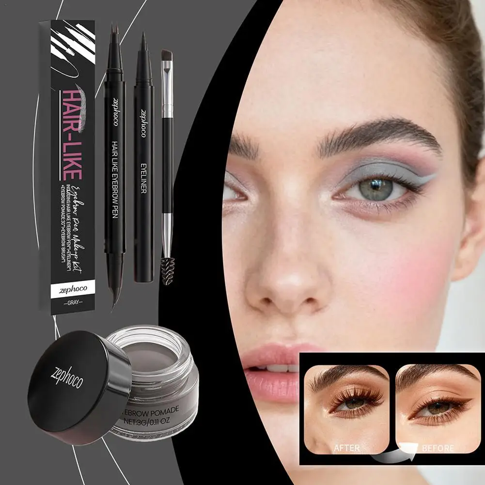 眉毛スタンプペンシルキット眉毛ペンシルアイライナー眉毛ジェル眉毛メイク用両端眉毛ブラシ防水ダークブラウン