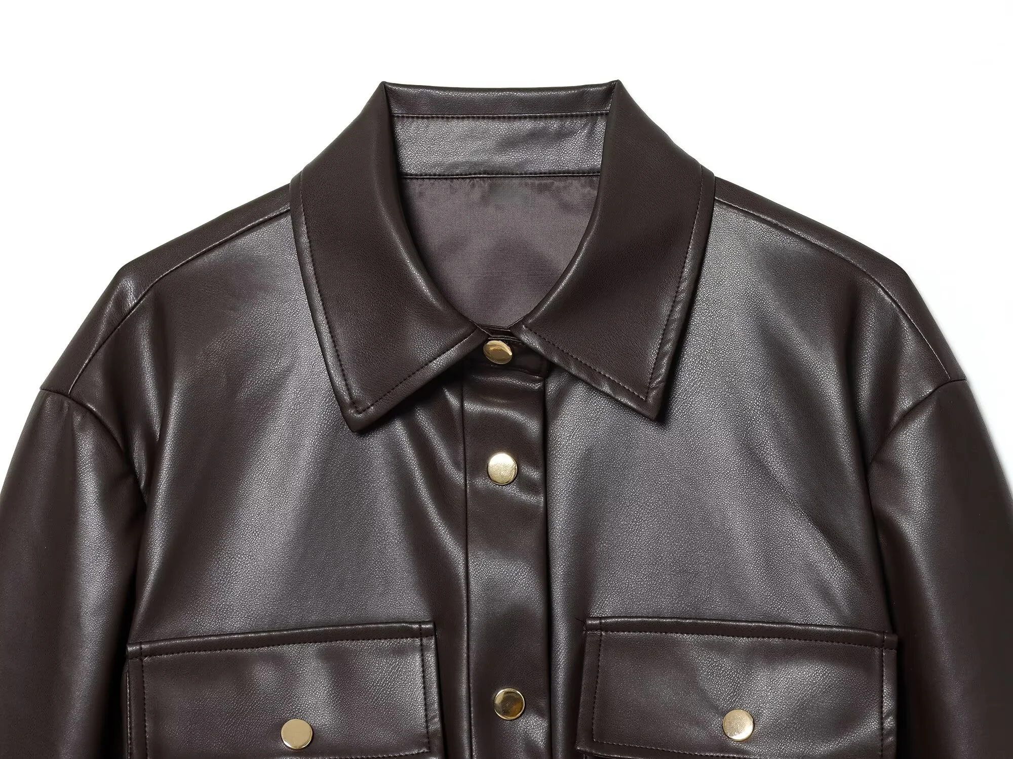 سترة نسائية جديدة لخريف 2025 غير رسمية بسيطة ومتعددة الاستخدامات وحزام بقصة ضيقة وطية صدر وأكمام طويلة من الجلد الصناعي #3