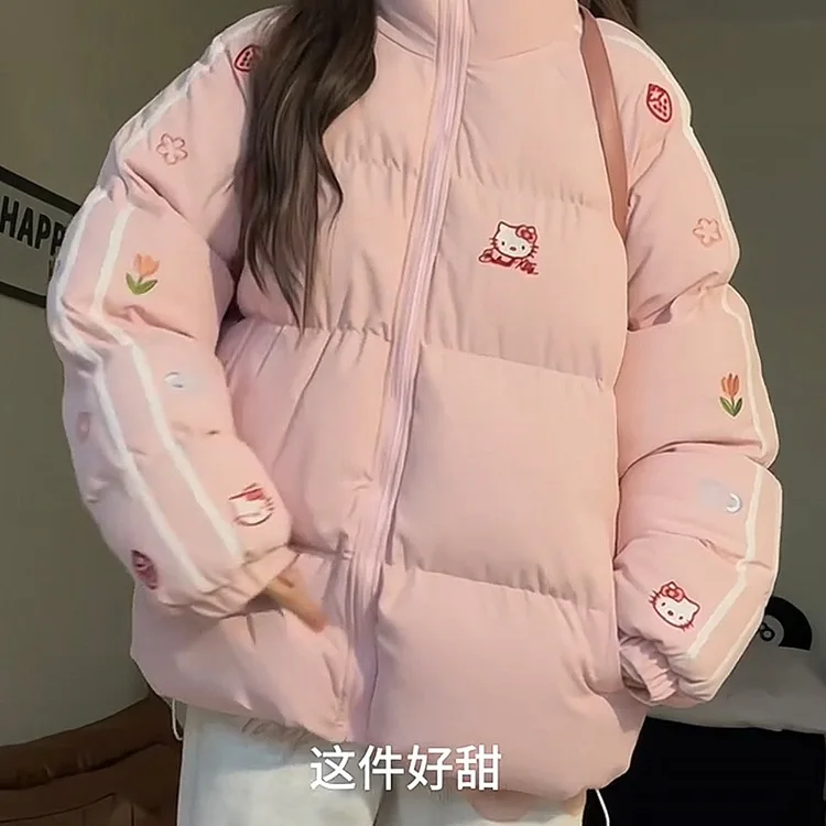 

Хлопковые парки Hello Kitty, зимние женские пуховики, лоскутное свободное пальто на молнии, повседневная утолщенная теплая куртка
