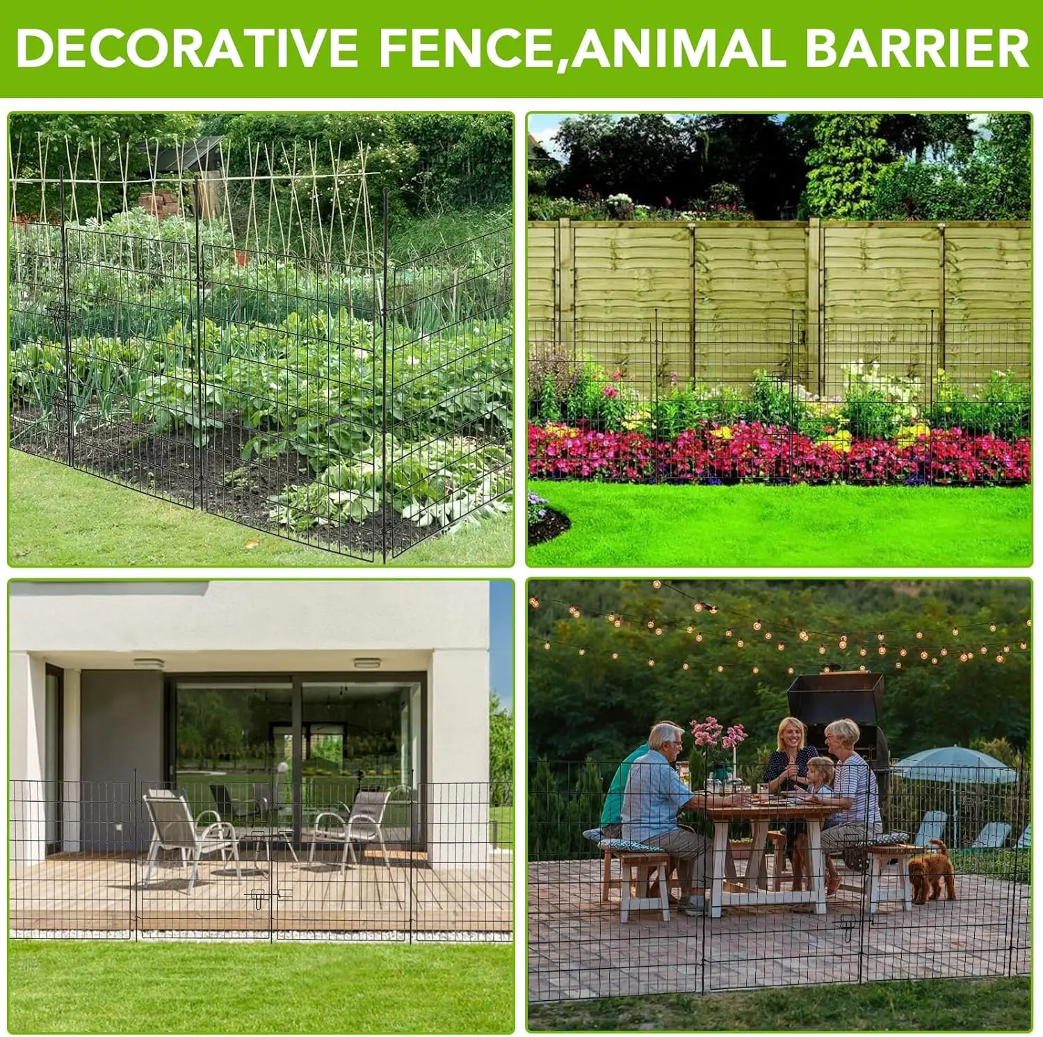 Rustproof Metal Garden Fence Panels, 15 Pack No-Dig Animal Barrier for Dogs Rabbits, Decorative Flat Top Fencing with 16 Ground Stakes & Door, 29