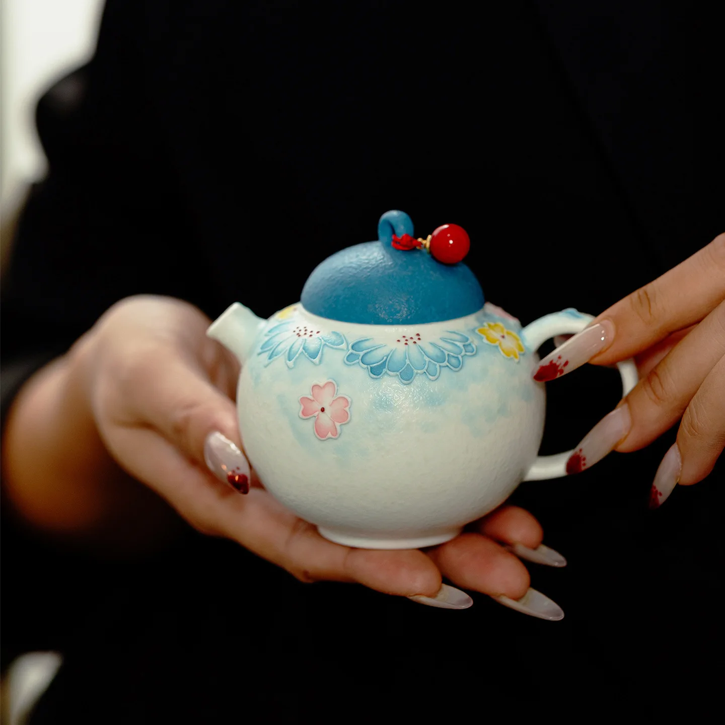 160ml Frosted Blue Hand-painted Flower Sleep Teapot Japanese Tea Infuser Pot Tea Maker Kettle With Filter Teaware Ornaments Gift