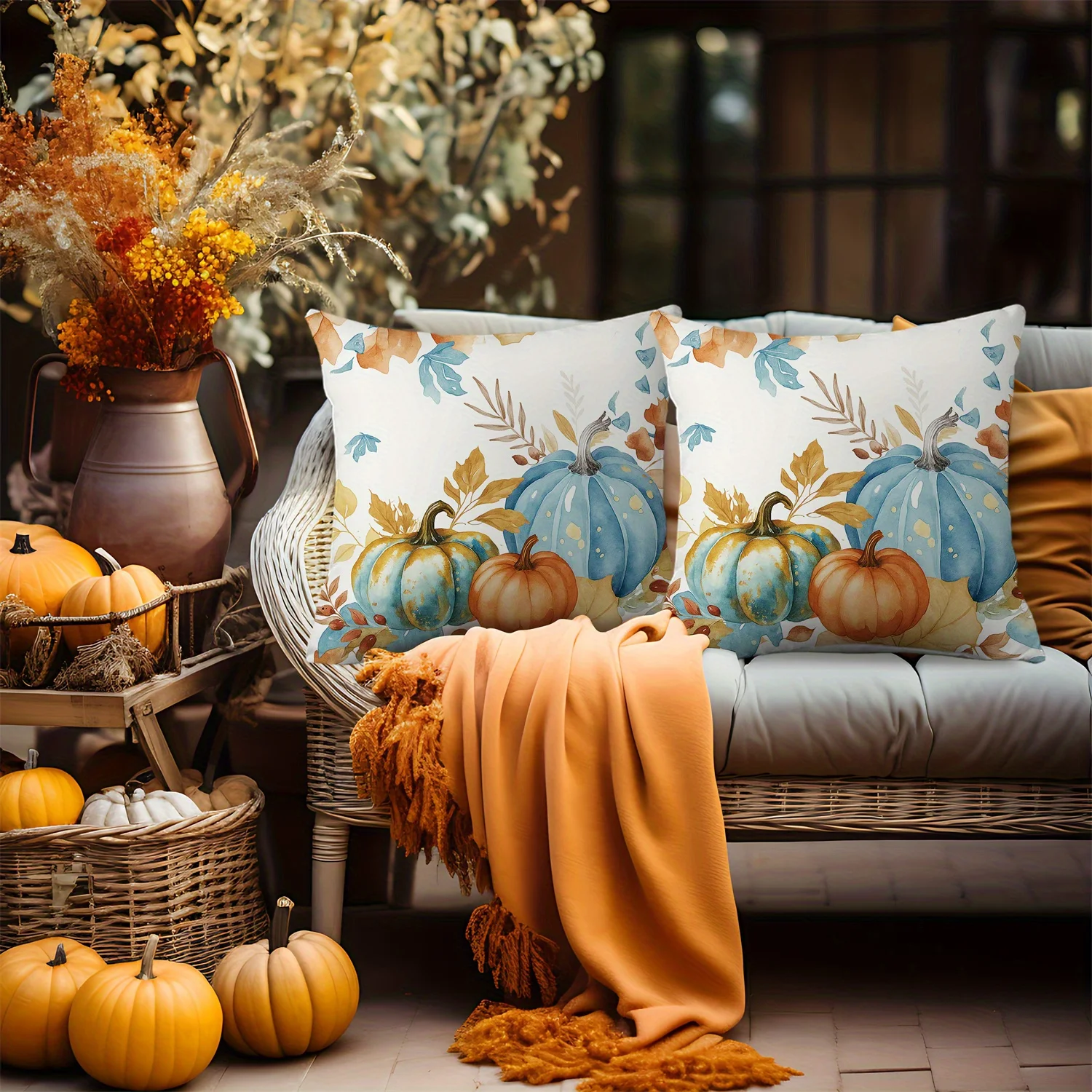 2pcs Blue Pumpkin Fall Throw Pillow Covers Autumn Leaves Thanksgiving Farmhouse Decorative Cushion Case for Bedroom Sofa Couch