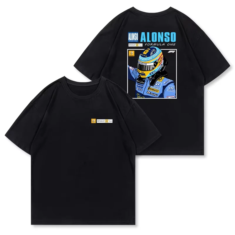 

Alonso T-shirt F1 racing helmet Spring/summer fashion round drop shoulder loose plus size cotton casual motorcycle short sleeve