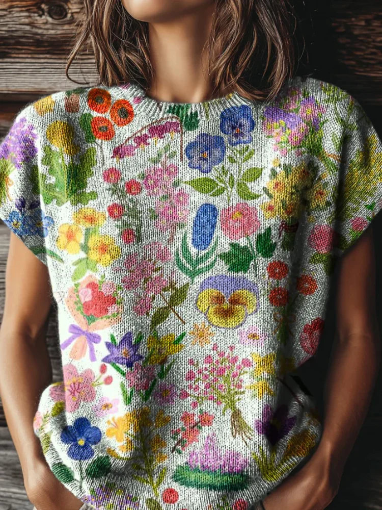 Romper Floral Print - Women's Printed Short-Sleeved Sweater, Featuring a