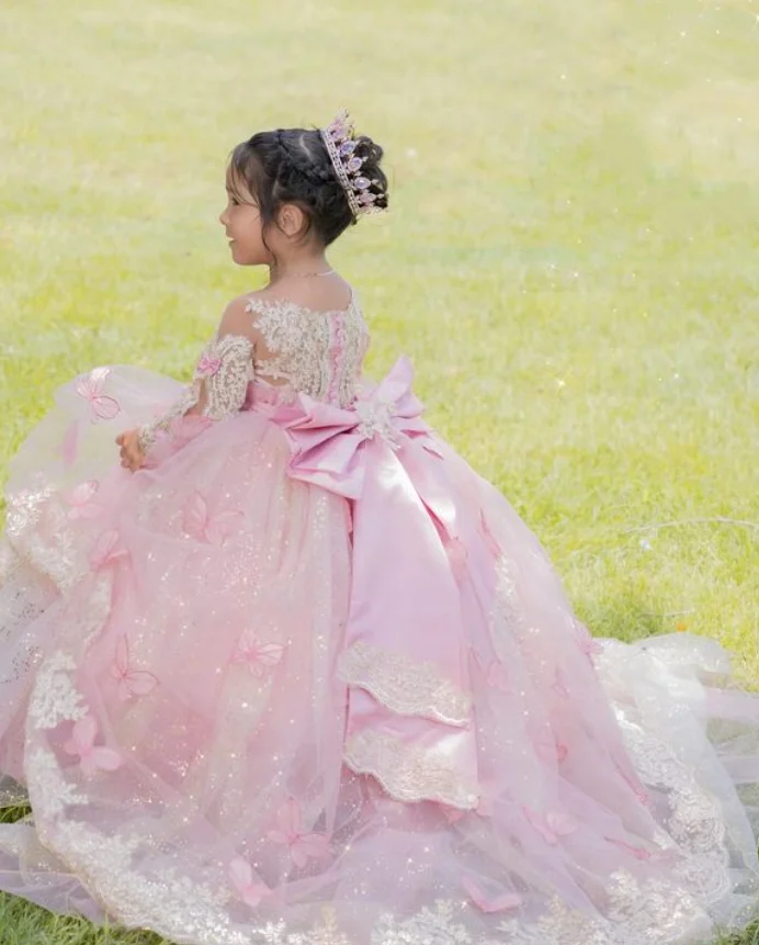 Rosa Mini Quince anera Kleider kleine Prinzessin Blumen mädchen Kleid Blumen applikation mit Bogen Hochzeits feier Kleider