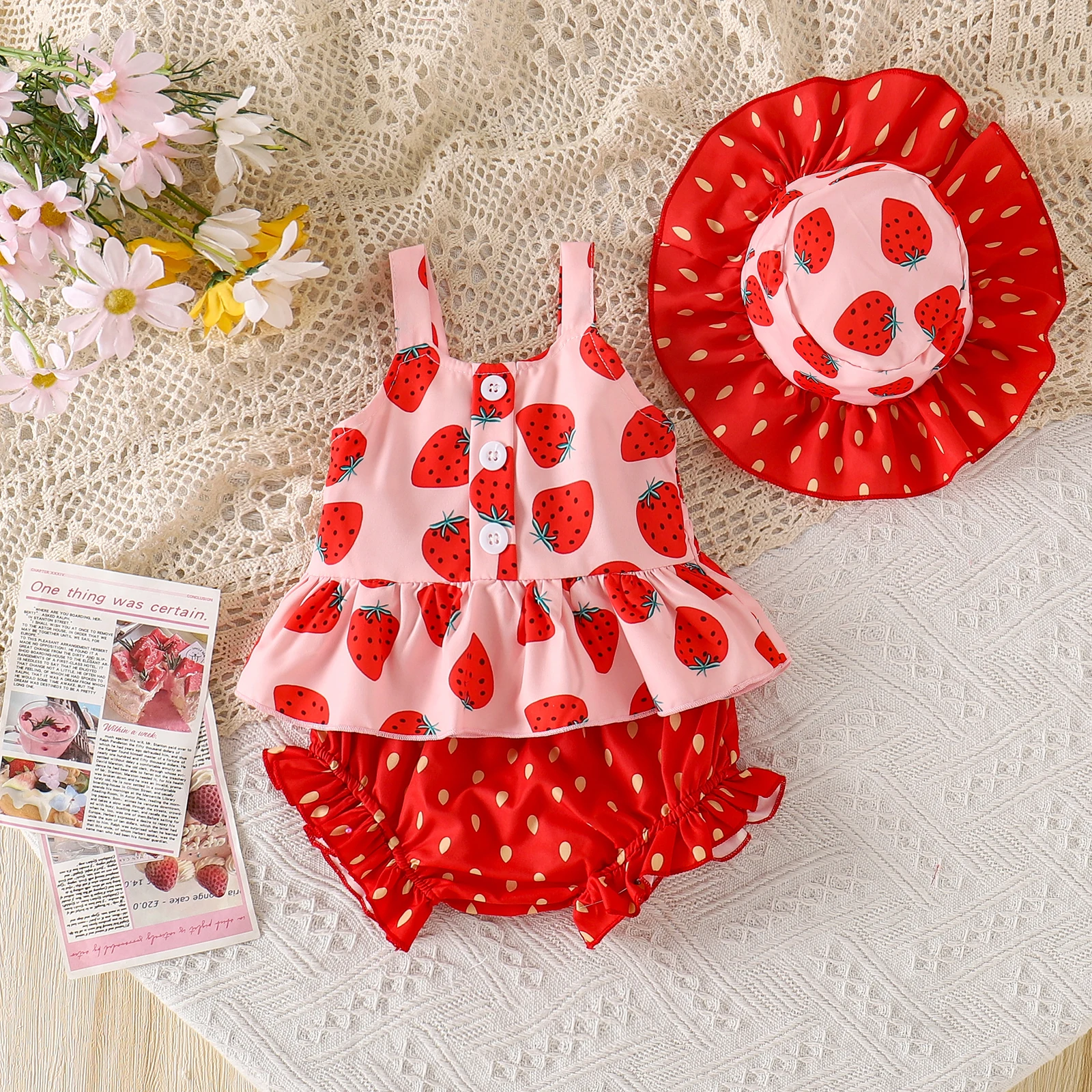 Summer new style girl sweet and cute 0-3 years old suspender top + shorts + hat