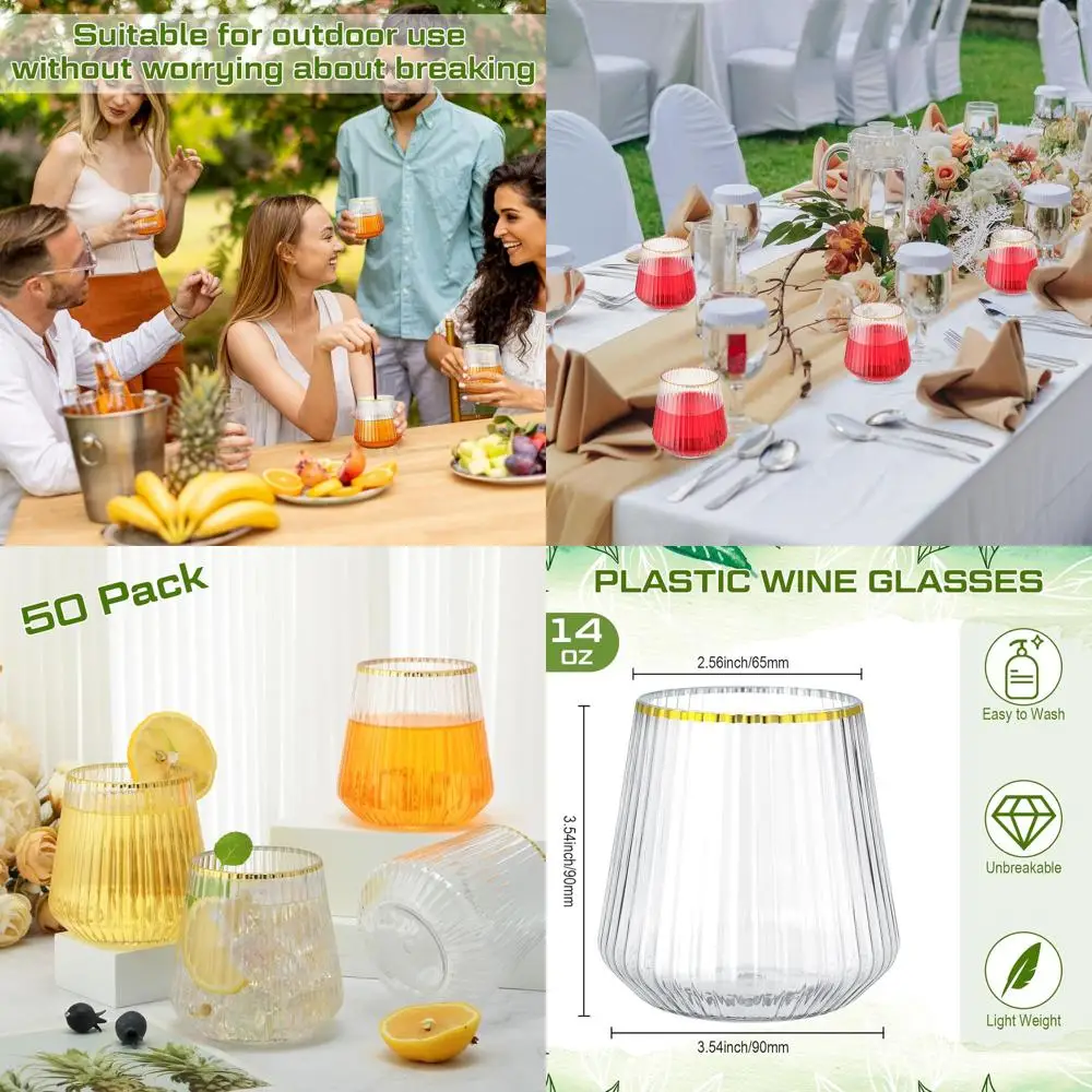 

Бокалы для вина без ножки из рифленого пластика — 400 мл, элегантные, небьющиеся, для вечеринок, свадеб (прозрачные, золотые, 50 шт.)