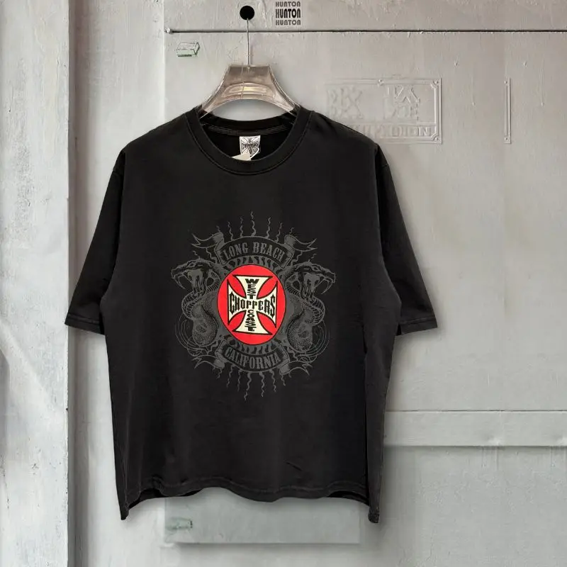26ss New Summer Vinatge West Coast Choppers Tshirts Red Circular Cross Snake Pattern Round Neck Short Sleeve Men Women Outfit