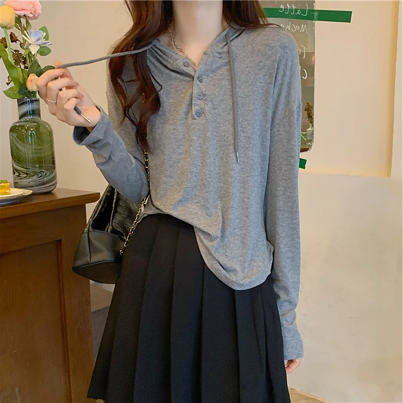 Buttons Korean Fashion Long Sleeve T-shirts Winter Kpop Y2K Tops Lace Up Vintage Tees Shirts Cheap Clothes Women Hooded Tshirts
