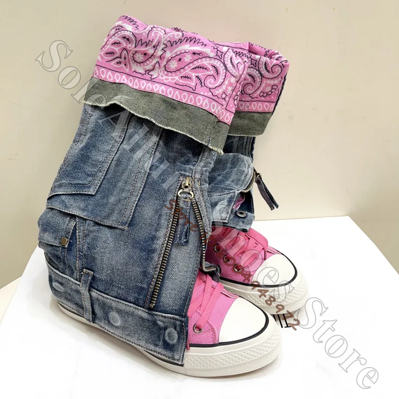 Cuffed Denim Tall Canvas Sneaker Boots Yellow Paisley Bandana Lined Fold Over Shaft Side Zip High Top Y2K Two-Wear Jean Shoes