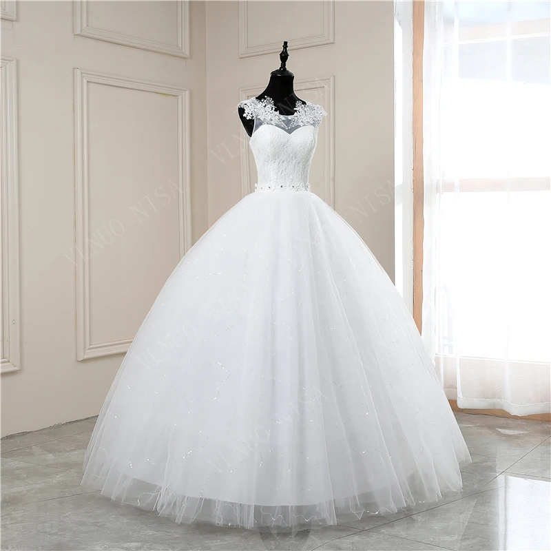 Y&m Novias Customized White O Neck Simple Wedding Dresses Pluse Size Vestido De Noiva Lace Embroidery Ball Gown Robe Mariage