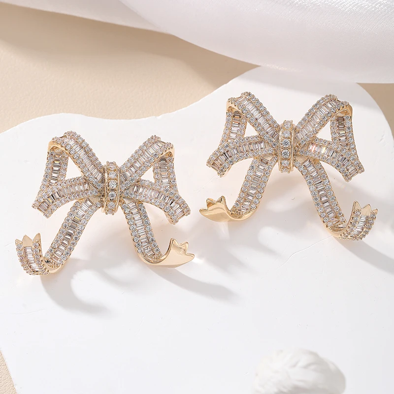 SENYU Large Bow Luxury Cubic Zirconia Big Stud Earrings High Quality Women Gold,Silver Plated Party Earrings for Indian Bride
