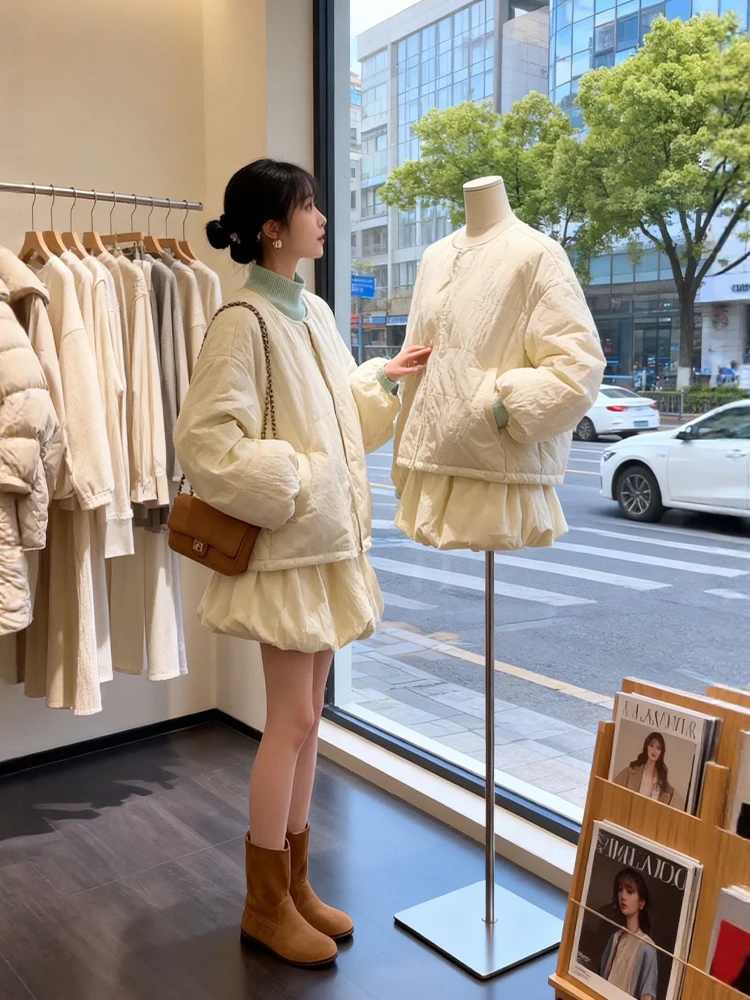 Conjunto de Faion de invierno de talla grande, abrigo de pan engrasado, falda abullonada de algodón, conjunto de piezas de camiseta, cálido, informal, coreano, para mujer...