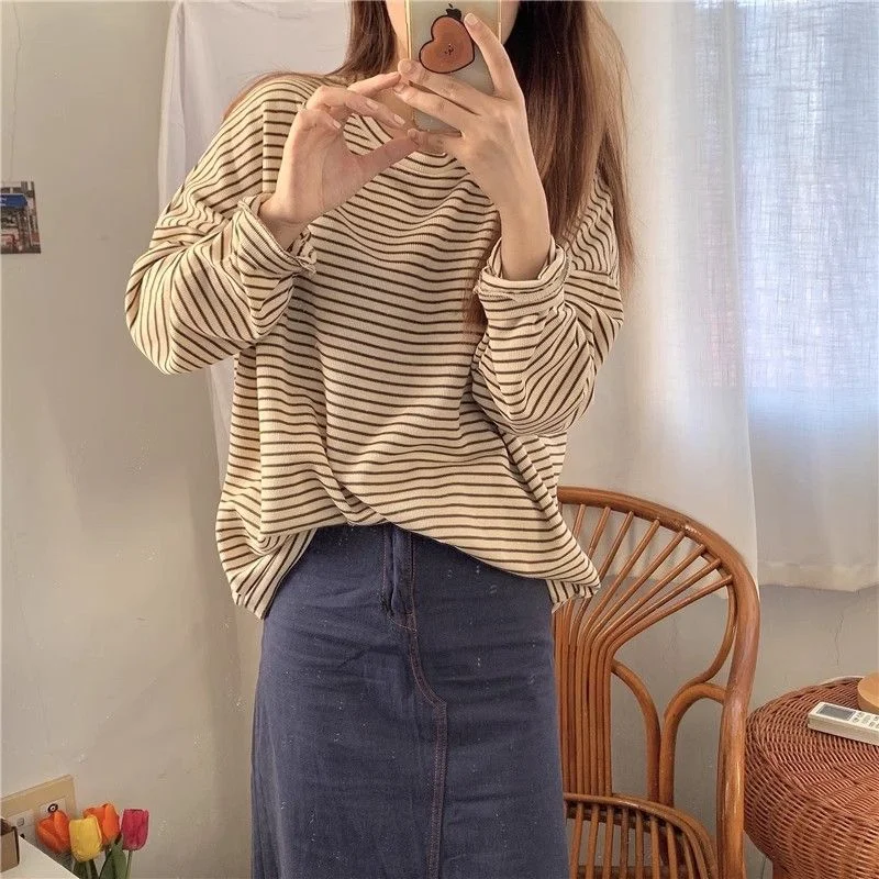 Korean Style Women Striped Sweatshirt Spring Crew Neck Loose Thin Long Sleeve Basic Versatile Layering Tops