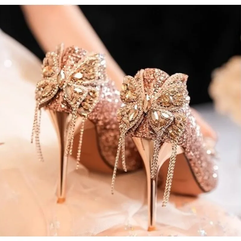 New Shiny Bowknot Thin Heels Pumps Women Slip-On Bling Crystal Party Shoes Woman Sexy Pointed Toe Glitter High Heels Shoes