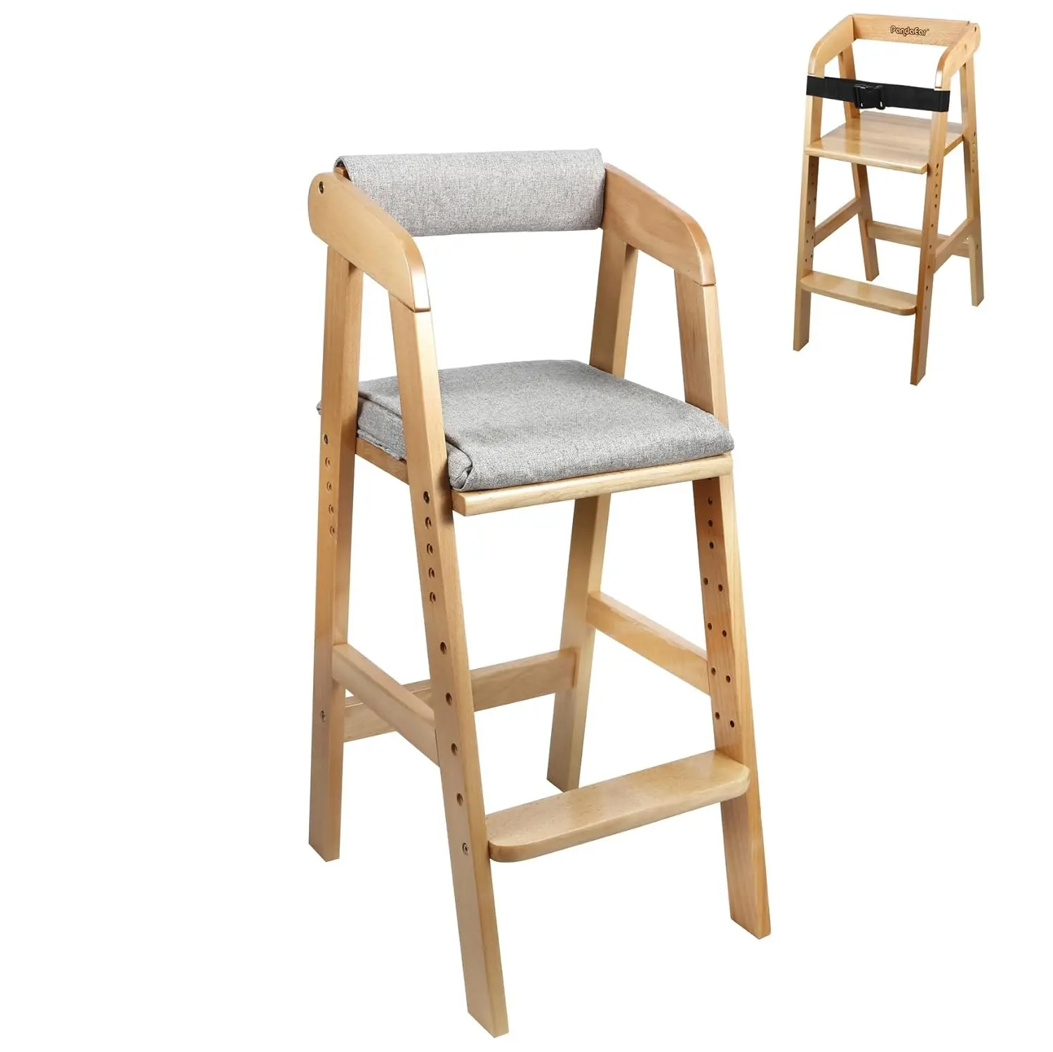 

Adjustable Wooden High Chair for Kids, Removable Cushion & Steps, Dining and Study Chair for Ages 3-12