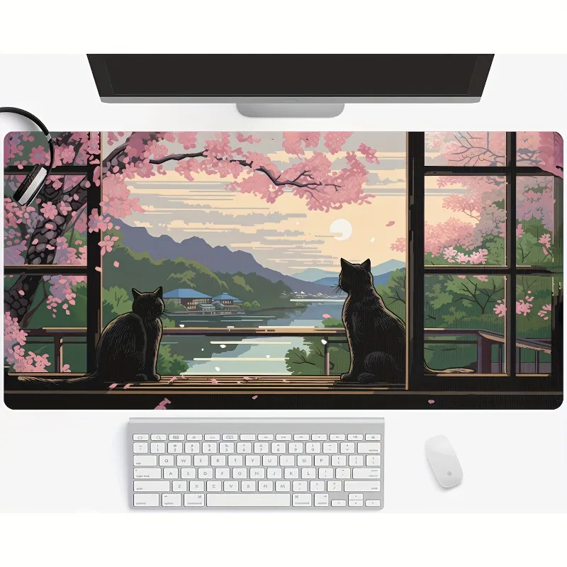 Japanese Style XXL Desk Mat Morning Sakura View Black Cat Gaming Mouse Pad Non-Slip Base Stitched Edge Office Keyboard Pad