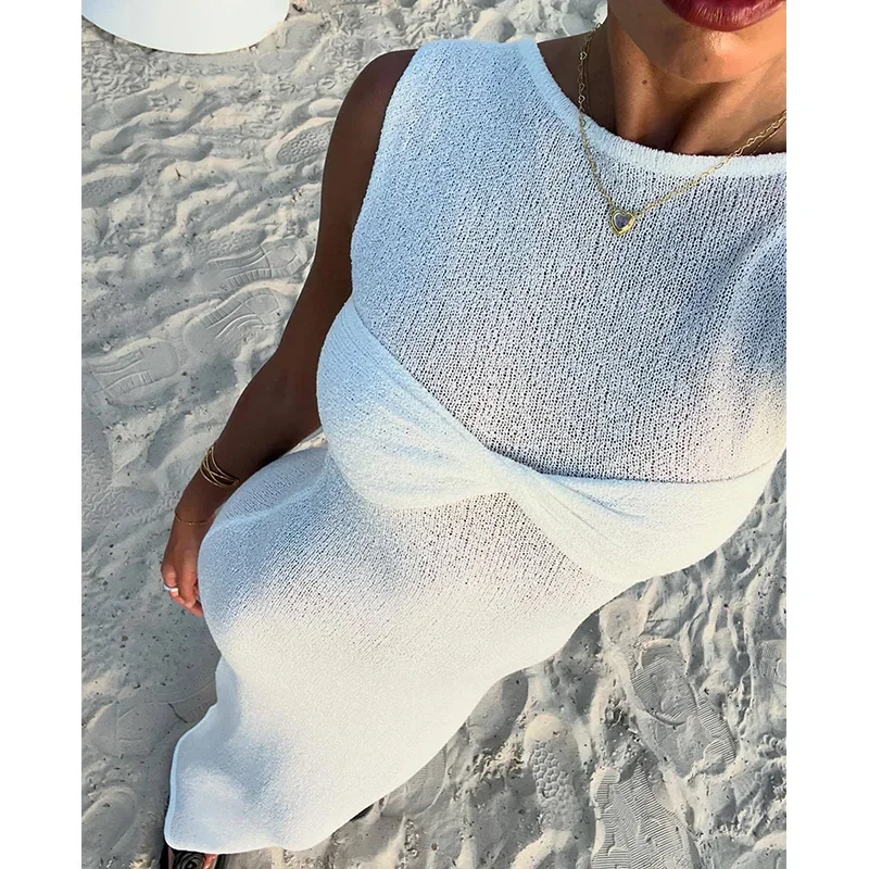 2024 Knitted Sexy See Through Summer Dress Bikinis Cover-ups Beach Cover Up Sleeveless Maxi Bodycon Dress Slim Beachwear
