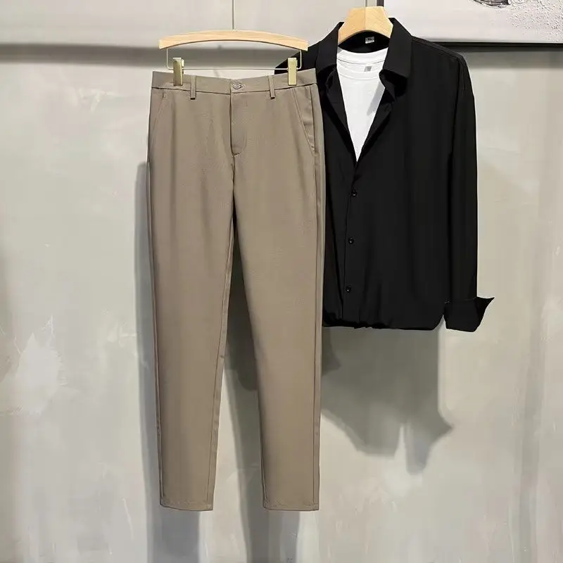 Ice Silk Fabric Trousers Pencil Summer New Men's Button Zipper Solid Color Fashion Slim Business Patchwork Pockets Suit Pants