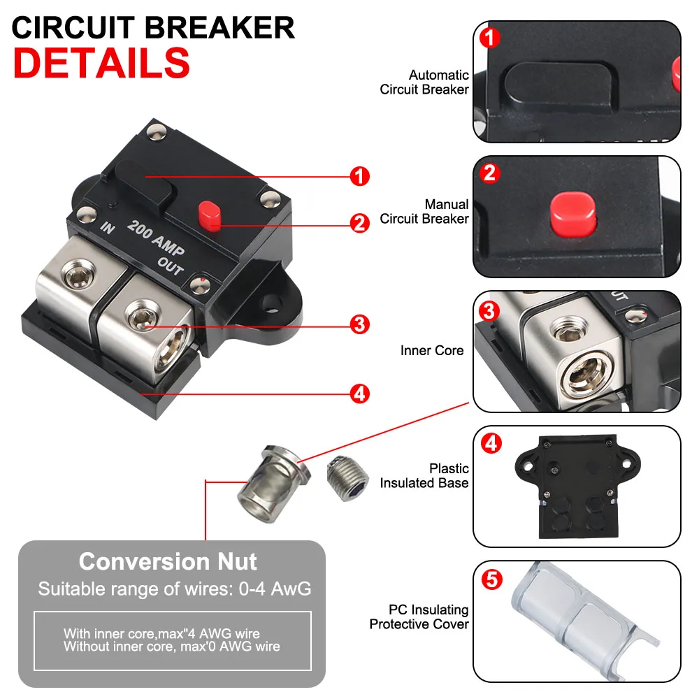 Circuit Breaker Car Boat Audio Manual Power Protect Fuse Reset Fuse 200A 12v-48v DC Resettable Insurance Solar Fuse