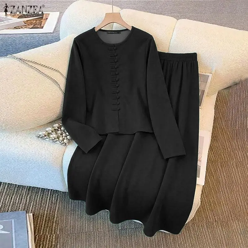 

ZANZEA Women Fashion Dress Sets Autumn Spring Long Sleeve Top and Maxi Skirts Knitted 2pcs Casual Solid Loose Streetwear Outfits