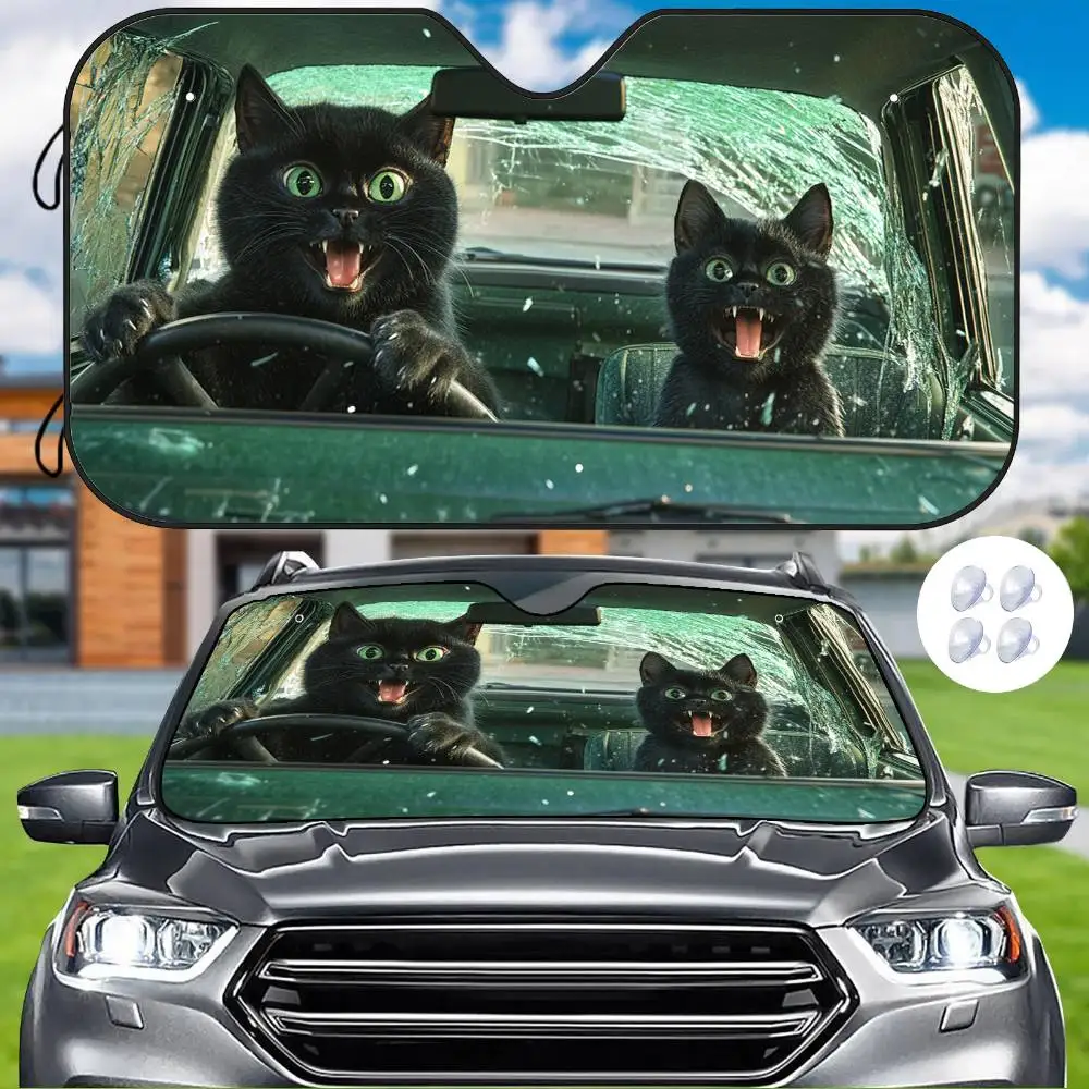 Cute Black Cat Shadow Print Car Windshield Sunshade Foldable Heat Insulation Anti Scratch Comfort Interior Temperature