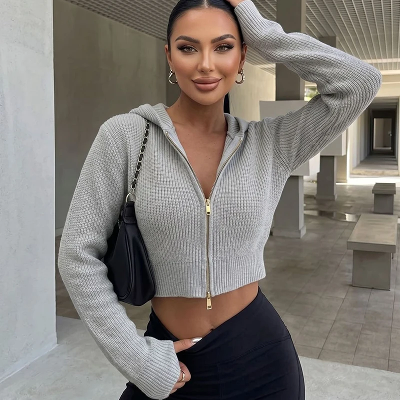 

Streetwear Hodded Cropped Cardigans Women Autumn Winter Zipper Up Sweater Coats Woman Solid Color Knitted Cardigans Ladies