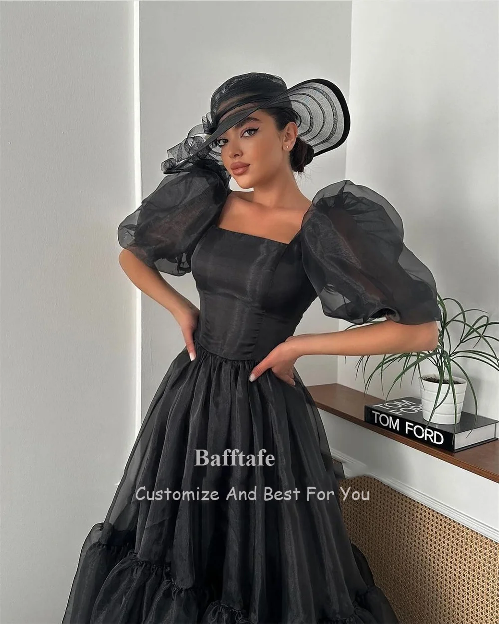 Bafftafe Schwarzes Organza-Abschlussballkleid, quadratischer Ausschnitt, kurze Ärmel, formelles Partykleid für Damen, Heimkehr, Abschlusskleider,