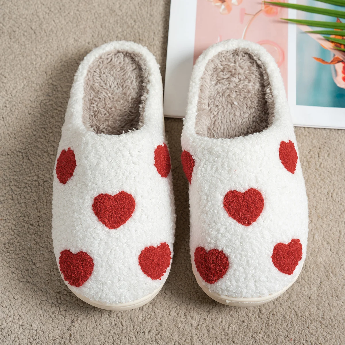 Small Heart Pattern Warm Comfy Slippers Cute Girl Interesting Women Leisure Bedroom Winter Indoor Plush Home Soft Sole Shoes