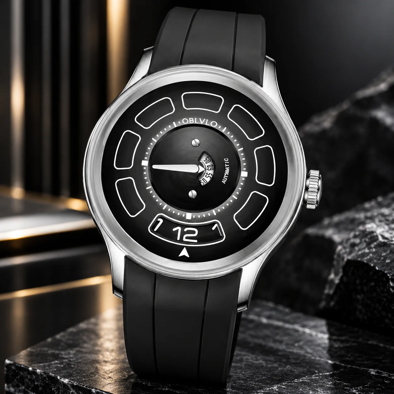 OBLVLO Men's Automatic Mechanical Watch — Luminous, Water-Resistant, Sapphire Crystal, Rotating UFO-Style Hour Marker Disc