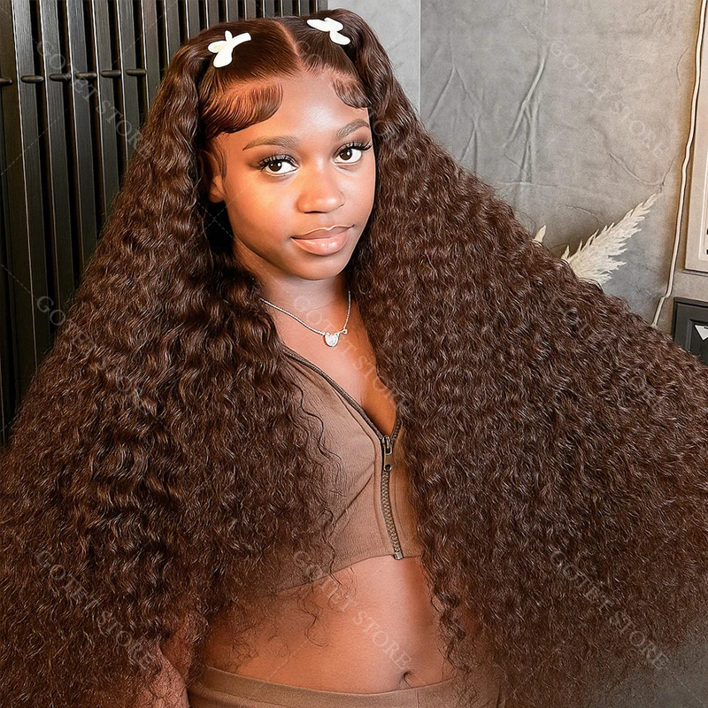 초콜릿 브라운 딥 웨이브 인모 가발 30 32인치 투명 레이스 프론탈 가발 여성용 13x4 HD 레이스 프론트 워터 컬리 가발