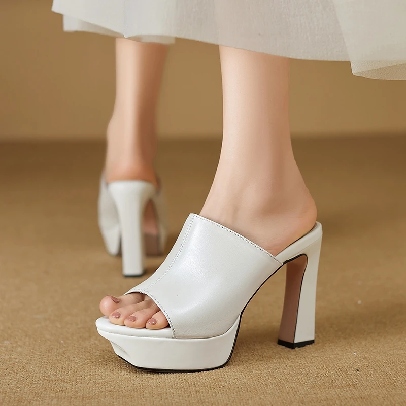 Women's new summer leather sheepskin thick soled waterproof table, exposed toe high heels, fish mouth slippers, fashion shoes