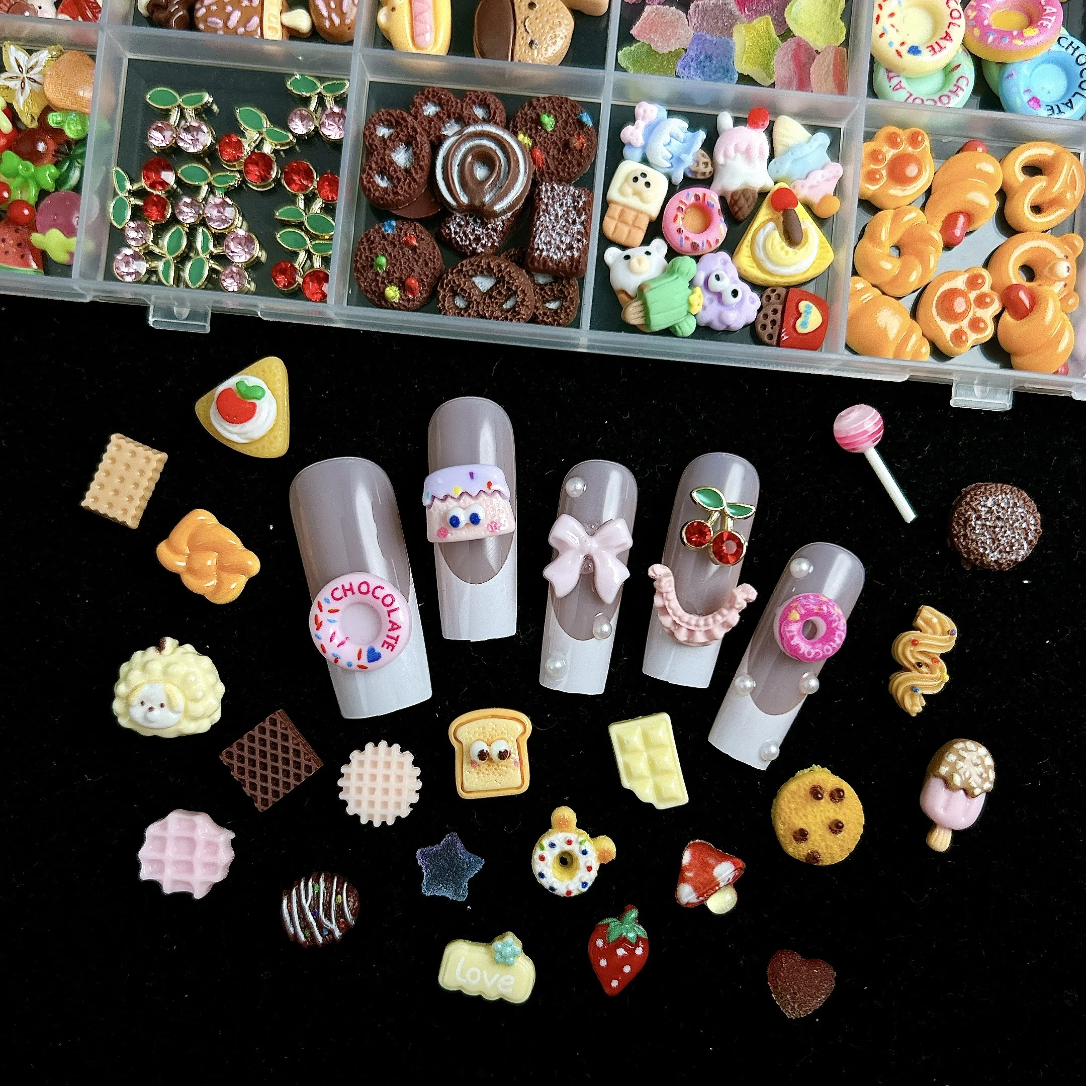 1Box Creative Painted Donut Lollipop Resin Nail Art Charms 3D Simulated Popsicle Big Eye Bread Nail Decorations for Manicure DIY