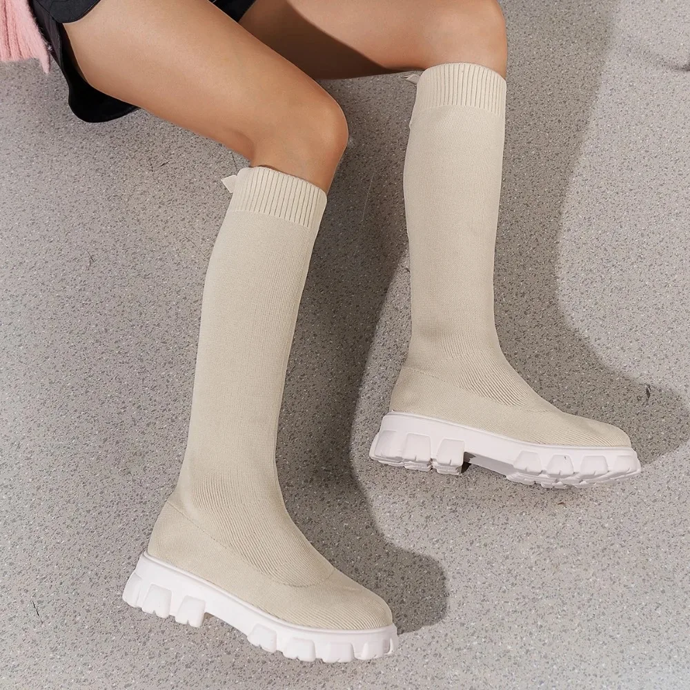 2024 New Autumn Stretch Sock Boots Over The Knee Boots Women\'s Thick Bottom Slim High Heel Large Size Round Toe Botas De Mujer