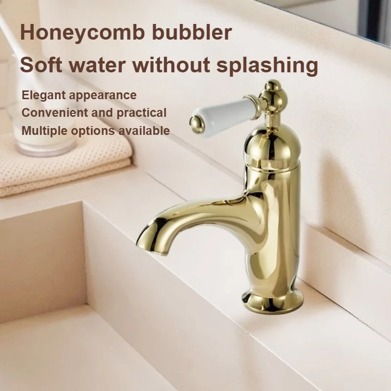 Retro Brass Single Handle Basin Faucet, Ceramic Handle Washbasin Tap Perfect for Bathroom Cabinets, Hot & Cold Water Mixing