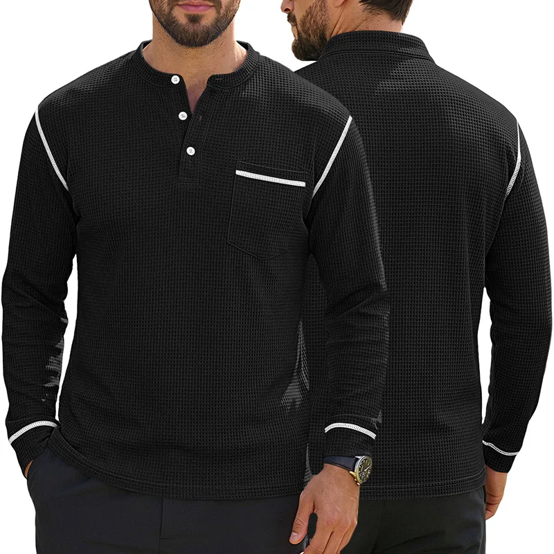 2026 Spring/Autumn New Men's Waffle Breathable Casual Henley Collar Long Sleeve T-shirt Outdoor Sports Comfortable Loose Top