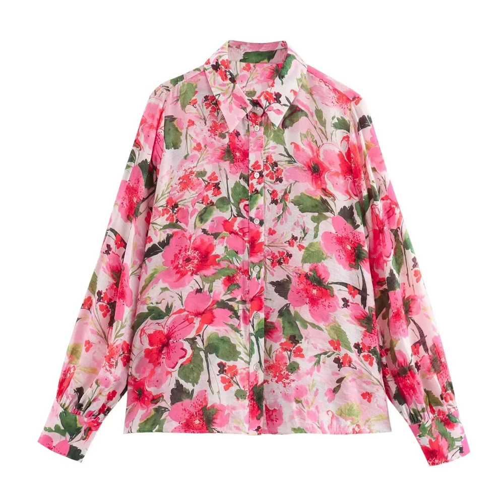 

LIBIELIY LIBIELIY 2025 Summer New Women's European And American Fashionable Small And Popular Flower Print Long Sleeved Polo Nec